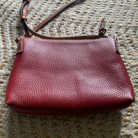 Dooney Bourke Small Crossbody Purse- Red Leather, Brown Trim and strap - Boho - Picture 2 of 6